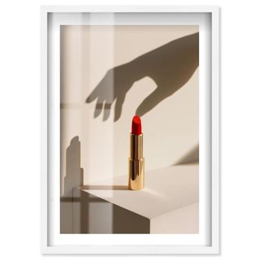 Imagem de Batom vermelho Shadowbox Print Glam Wall Decor por Notoriart, moldura branca, 28 x 40 cm