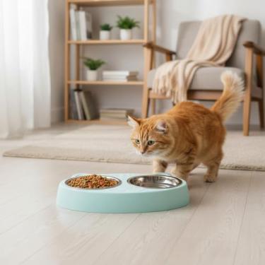 Imagem de Comedouro Inox Duplo Antiderrapante Para Gatos Tigela de Aço Para Ração e Água 340ml