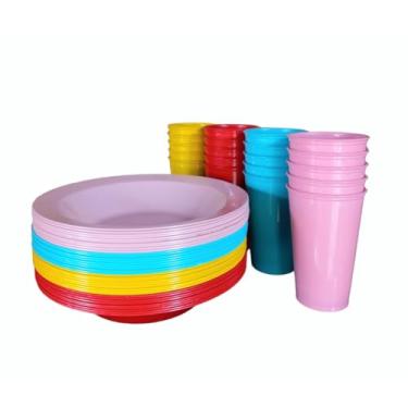 Imagem de Kit 15 Copos 300ml + 15 Pratos Fundos de Plástico – Festas, Merenda Escolar e Uso Infantil Seguro(15 Pratos Redondos + 15 Copos,Cores Variadas)