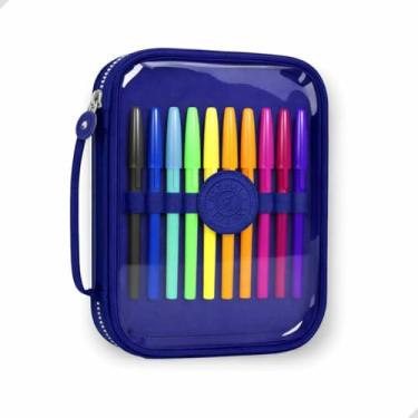 Imagem de Estojo Escolar Grande Transparente com Zíper, 4 Cores Disponíveis, Capacidade para Lápis, canetas, borracha, apontador, Tesoura, Design Moderno Papelaria fofa Divertida Criativa (Azul)