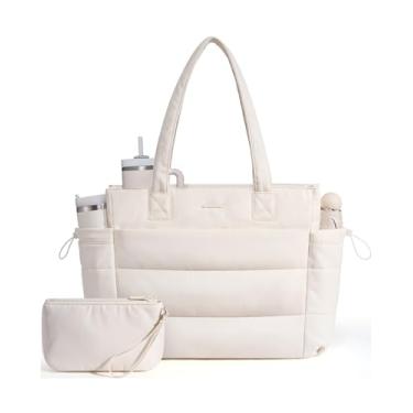 Imagem de LOVEVOOK Bolsa feminina com bolso gigante para copo, bolsa de mão de viagem para laptop com zíper para enfermeira e professora, Bege, L-17.3 Inch