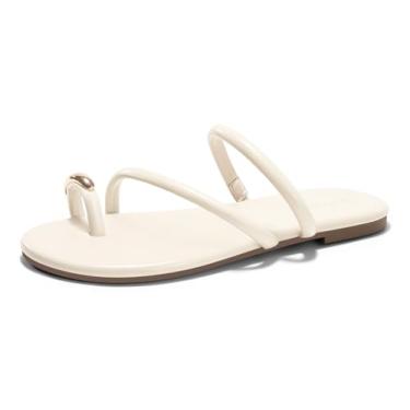 Imagem de Coutgo Sandálias femininas rasteiras com tiras quadradas, bico aberto, chinelos, anel, dedo do pé deslizante, sapatos sociais de verão, Bege, 35