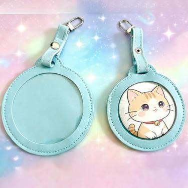 Imagem de Suporte de crachá de botão redondo, porta-crachá de bolsa de couro PU colorido, porta-chaves, estojo de exibição de botão transparente portátil, porta-chaves, capa de pingente de mochila à prova