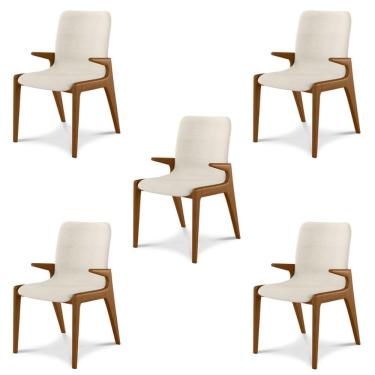 Imagem de Kit 5 Cadeiras Decorativas Sala de Jantar Madeira Maciça com Braço Pigeon Linho Bege/Mel - Gran Belo