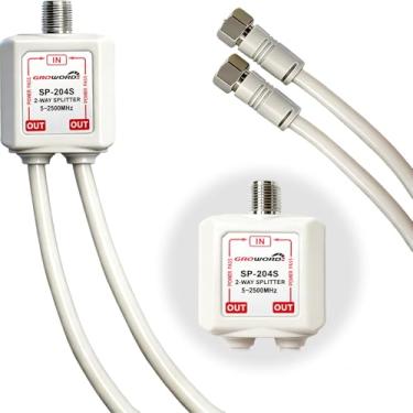 Imagem de GROWORD Divisor de satélite 5-2500MHz, divisor CATV bidirecional com cabo coaxial RG6 e 2 conectores, para passar energia para LNB, melhorar a qualidade do sinal da antena de satélite de TV HD,