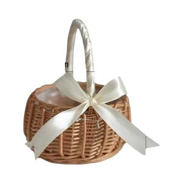 Imagem de Cesta De Vime Marrom Com Alça De Pérolas E Laço, Feita À Mão, Para Flo