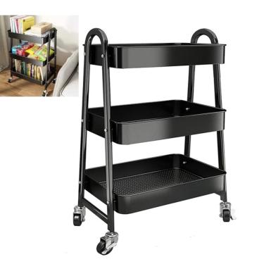 Imagem de Carrinho Multiuso 3 Prateleiras Aco Organizador Brinquedos Cozinha Manicure  Preto