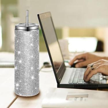 Imagem de Garrafa Térmica Copo Água Suco Café 600ml Com Brilho Strass Canudo de 