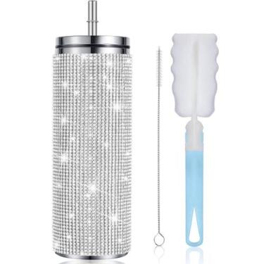 Imagem de Garrafa Térmica Copo Água Suco Café Com Brilho Strass Canudo de Aço In