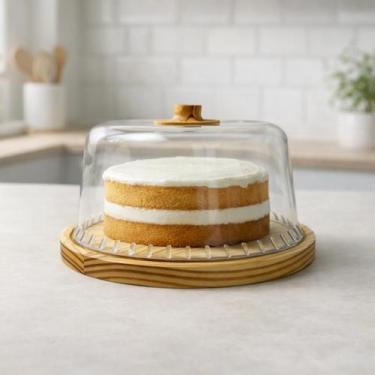 Imagem de Mini Boleira Queijeira Lisa Madeira e Vidro Porta Doces 20cm - Luggari