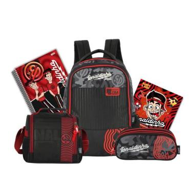 Imagem de Kit Mochila Enaldinho Costas Teen Lancheira E Estojo Triplo, Preto