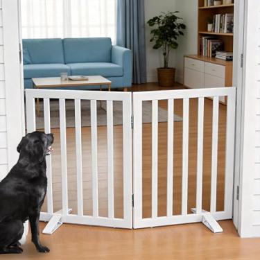 Imagem de ZJSF Portão Interno Autônomo Para Cães, Dobrável, De Madeira, Branco, Cachorros, Escadas Animais Estimação, Cerca Extra Larga, 24" Altura, 2 Painéis