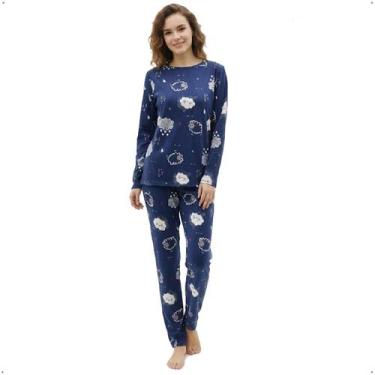 Imagem de Pijama Longo Feminino Inverno Suede Rosastyl P ao GG Cor:AzulTamanho:P