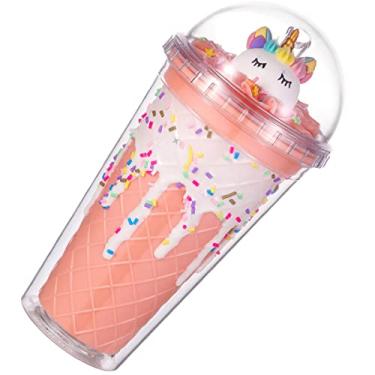Imagem de Copo de viagem de pata de gato com canudo rosa copo de festa copo de gelo congelante caneca de presente para aniversário (creme unicórnio laranja, 450 ml)