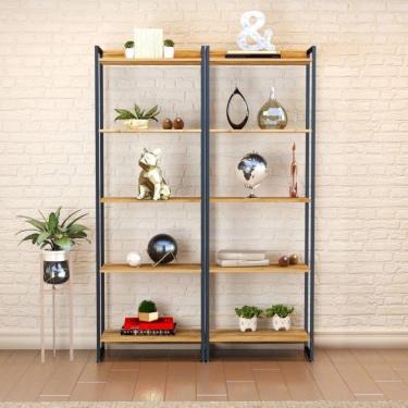 Imagem de Conjunto 2 Estantes para Livros Altas Industrial Aço 5 Prateleiras 187x60cm Active Yescasa Carvalho