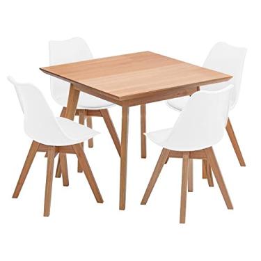Imagem de Conjunto Mesa de Jantar Quadrada Vértice 90cm Natural com 4 Cadeiras Leda em Madeira Maciça - Branco