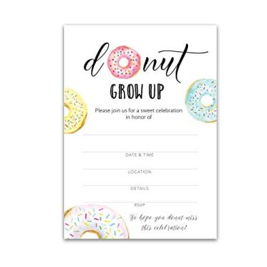 Imagem de Convites para festa de aniversário Donut Kids — Pacote com 25 — Donut Grow Up, tema de donut, chá de bebê com tema de donut, convite de 1º aniversário para crianças pequenas, convites de preenchimento em branco, convite para bricolage I850-INV1