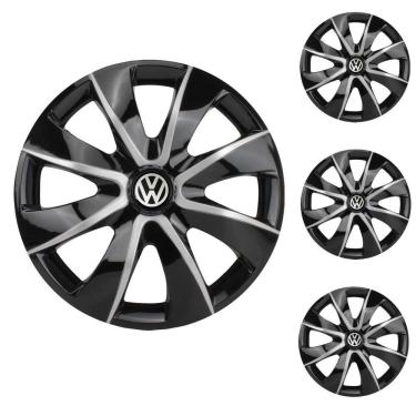 Imagem de Jogo Calota Aro 14 Prime Black Silver Elitte Preto Prata + Emblema Resinado Volkswagen (Gol Parati Saveiro Voyage UP Santana Fox Polo Passat)