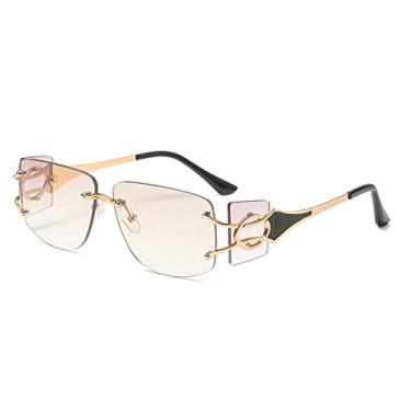 Imagem de Óculos de sol quadrados sem aro de diamante de corte fashion para homens liga vintage de perna larga óculos de sol femininos, chá de luz negra, com estojo