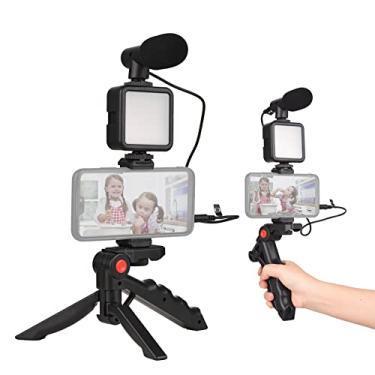 Imagem de Andoer Kit de vídeo para smartphone, mini luz de vídeo LED + microfone cardioide + clipe de telefone extensível + tripé com brilho ajustável para transmissão ao vivo, gravação de vídeo e