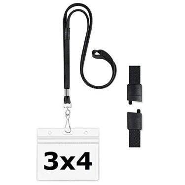 Imagem de Talabarte com suporte de ID Porta-crachás horizontais de plástico transparente 3x4 com identificadores e talabartes separáveis de segurança da ZHEGUI (pacote de 100, preto acetinado)