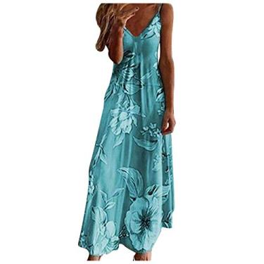 Imagem de Vestido feminino com decote em V, casual, dividido, tie dye, listrado, barra irregular, vestido longo com estampa floral Boho, Azul, XXG