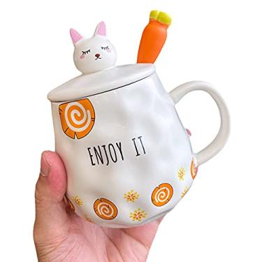 Imagem de Caneca de gato com tampa e colher 3D linda xícara de chá de café de cerâmica conjunto de caneca de casal presente de aniversário para professores, mães, amigas, amantes, (cenoura enjoy it c, 400 ml)