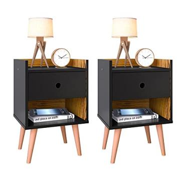 Imagem de Kit 2 Mesa de Cabeceira Compacta Retrô Mesinha Canto Cama Decore Quarto Com Gaveta/Nicho Oferta dia das Mães- Preto/Nature