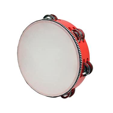 Imagem de simhoa Percussão de de metal, instrumento musical de pandeiro de tinir de fileiras, tambor de mão tambor de pandeiro de madeira para jogos, 8 polegadas vermelho
