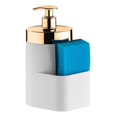 Imagem de Dispenser Porta Detergente Líquido 500ml Esponja Bancada Pia Cozinha Branco Dourado - 520BCD Future