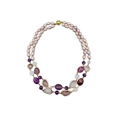 Imagem de 2 fios ametista azurita roxa criada com 8-9 mm colar de pedra pérola rosa para mulheres quartzo moderno 45,7 cm, Pedra, Quartzo