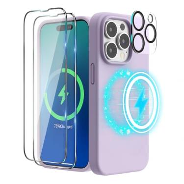 Imagem de SURPHY Capa 4 em 1 projetada para iPhone 14 Pro (6,1 polegadas, 2022), com 2 protetores de tela + capa de câmera, capa de telefone de silicone líquido (lavanda clara)