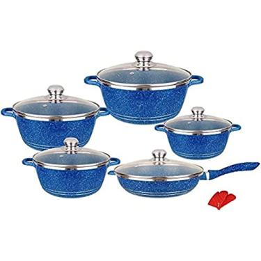 Imagem de Conjuntos de panelas antiaderentes Panelas e frigideiras de granito com tampas de vidro Alumínio revestido de mármore Utensílios de cozinha para casa Panela com panelas Frigideira Panela de