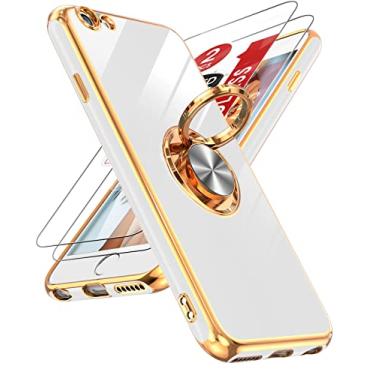 Imagem de LeYi Capa para iPhone 6/iPhone 6S com protetor de tela de vidro temperado [2 unidades] suporte de anel giratório de 360° com suporte magnético, capa protetora de borda de ouro rosa, branca