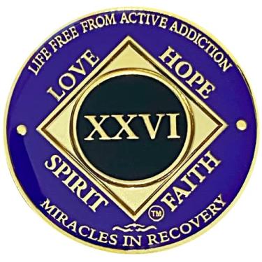 Imagem de Simply Minimal NA Moeda de metal de 26 anos, medalhão banhado a cor dourada, moeda de recuperação, token NA, chip de recuperação de narcóticos anônimos, presente de recuperação NA (cor roxa e dourada)