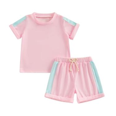 Imagem de FunurHoome Conjunto de roupas para bebês meninas, patchwork, cor de verão, manga curta, gola redonda, camiseta e shorts jogger, Patchwork rosa, 3-4 Anos