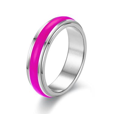 Imagem de WOYNJI Anel de aço inoxidável de 6 mm com esmalte luminoso que brilha no escuro Anéis giratórios de declaração para mulheres e homens, giratórios Roxo Tamanho da América 9