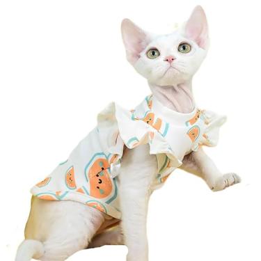 Imagem de UOSIA Sphynx Roupas de gato Camisa fofa de verão para gatinhos Camisa de algodão sem pêlos Colete de gato pulôver de gato com mangas de babado para Sphynx, Cornish Rex, Devon Rex