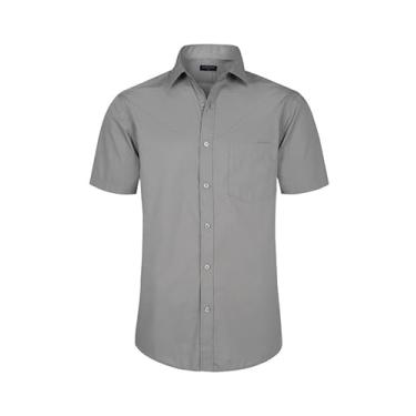 Imagem de Double Pump Camisas sociais masculinas de manga curta com ajuste regular, camisas casuais de negócios sólidas, Cinza 327, XXG