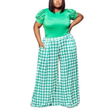Imagem de Hostoyo Calça Palazzo verde plus size perna larga para mulheres calças confortáveis saia feminina ajuste solto com cintura elástica