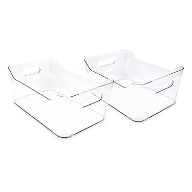 Imagem de Isaac Jacobs 2 caixas grandes transparentes de armazenamento (34,3 cm x 25,4 cm x 15,2 cm) com alças, conjunto de caixa de plástico, casa, escritório, geladeira, freezer, cozinha, recipiente de organização de despensa, livre de BPA/seguro para alimentos (grande, pacote com 2)