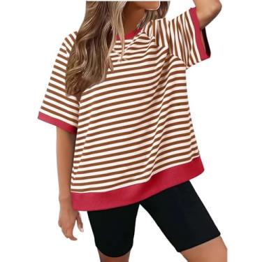 Imagem de Camisetas femininas grandes listradas com gola redonda, manga curta, casual, verão, leve, vestuário júnior, Vermelho, XXG