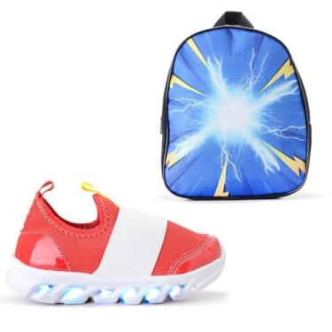 Imagem de Kit Tênis Led Infantil Sonic Personagem Mochila Azul Menino (Vermelho/Branco, BR, Criança de 4 a 8 anos, Numérico, 30)