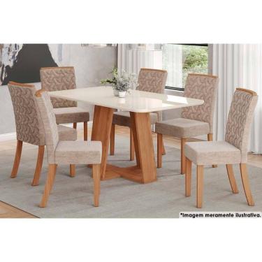 Imagem de Sala de Jantar Completa Lins c/ Tampo Madeirado c/ Vidro Curvo 160x90cm e 6 Cadeiras Esther Nature/Creme - Henn