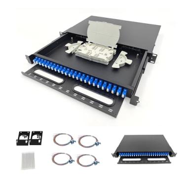 Imagem de FYBOPTWU -24 Caixa de montagem em rack LC monomodo duplex de 48 portas com tranças e acopladores, caixa de painel de remendo LGX de 48 núcleos (design tipo gaveta) serve para armários de rack de 48 cm