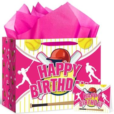 Imagem de Bolsa de presente de aniversário de softball, para meninas, crianças, adolescentes, grande, para lembrancinhas de softball, com cartão de papel de embrulho de aniversário de softball, decoração de