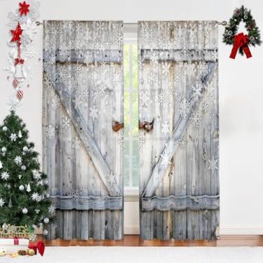 Imagem de Cortinas de porta de celeiro de madeira de inverno, cortina de floco de neve para quarto, cortinas rústicas de Natal para sala de estar, 2 painéis de 213 cm de comprimento, decoração de Natal e