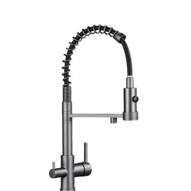 Imagem de Torneira de cozinha preta fosca com filtro, torneira de cozinha de água pura, alça dupla, torneiras misturadoras de cozinha purificadas, pretas e cinza