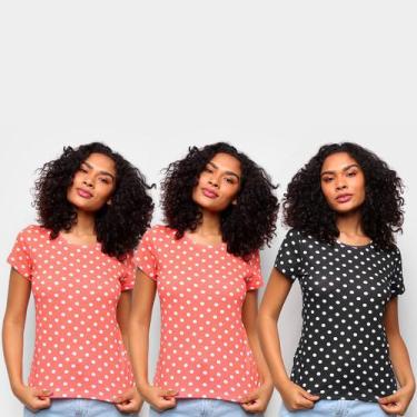 Imagem de Kit Camiseta Básicos Poá c/ 2 Peças Feminina, Preto, Salmão, G