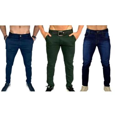 Imagem de Kit 3 calça jeans masculina com elastano slim bege claro azul marinho 